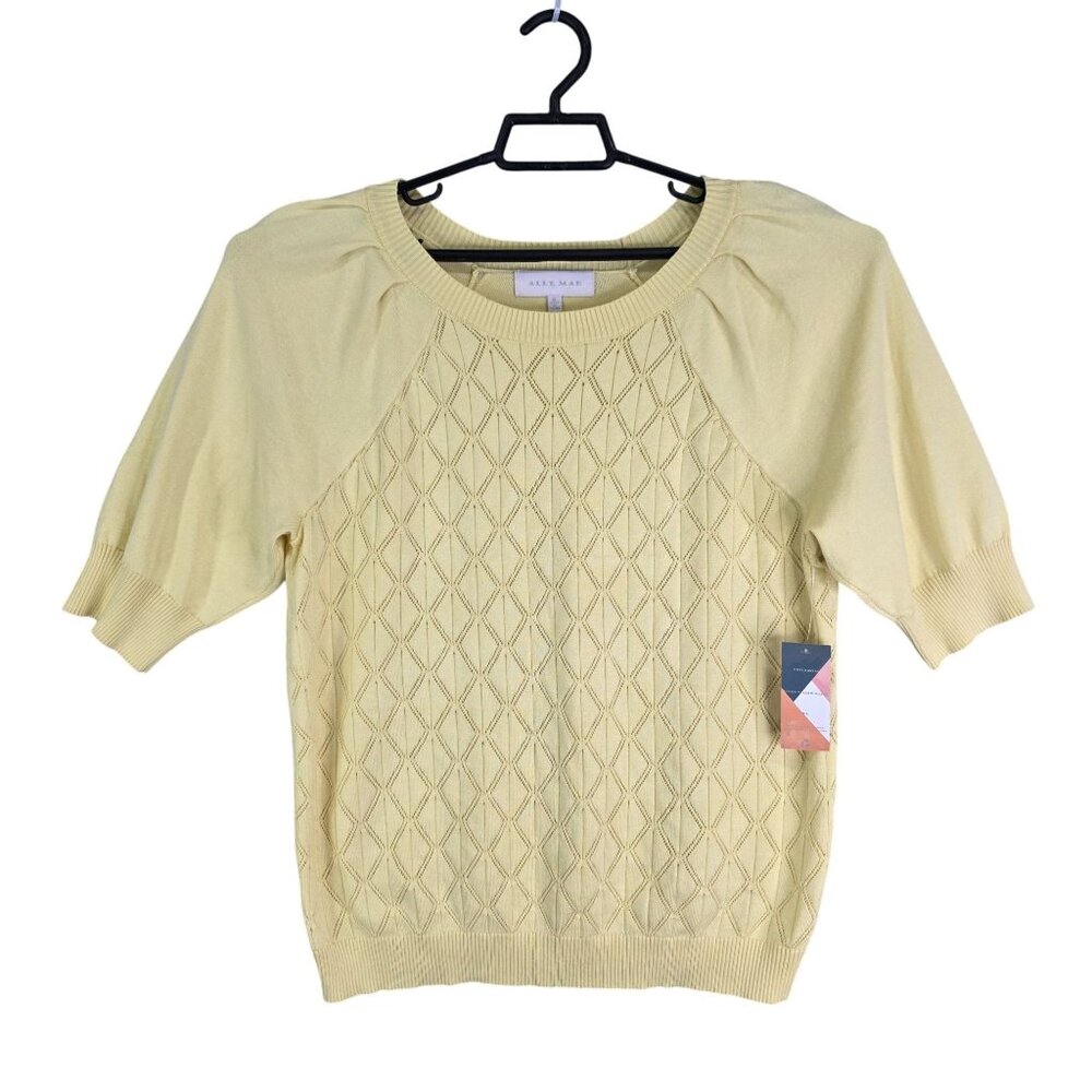 Womens Yellow Ally Mae Knit Blouse Top Round Neck Puff Sleeve Size XL